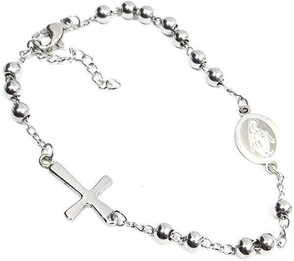 Bracciale rosario acciaio perline l.reg.17,5-20,5 cm Argento