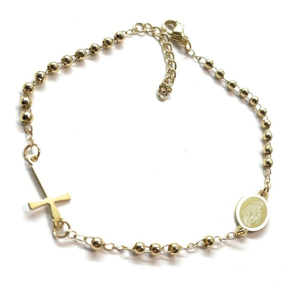Bracciale rosario acciaio perline l.reg. 17,5 - 20,5 cm oro