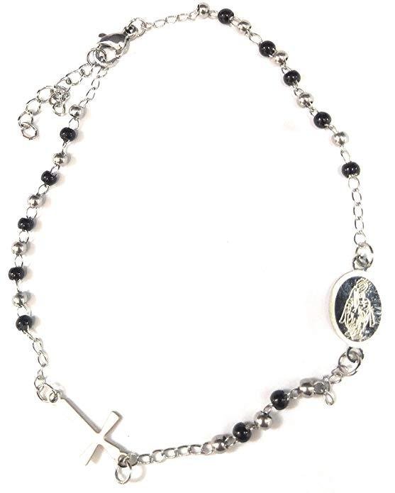 Bracciale rosario acciaio perline l.reg. 17,5 - 20,5 cm argento e nero
