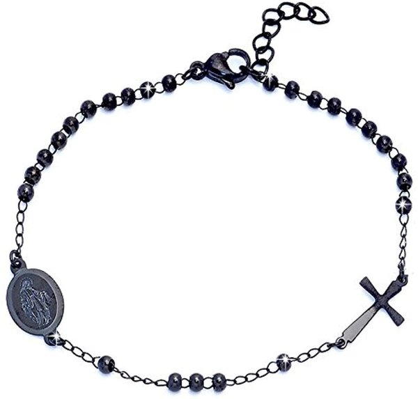 Bracciale rosario acciaio perline l.reg. 17,5 - 20,5 cm nero