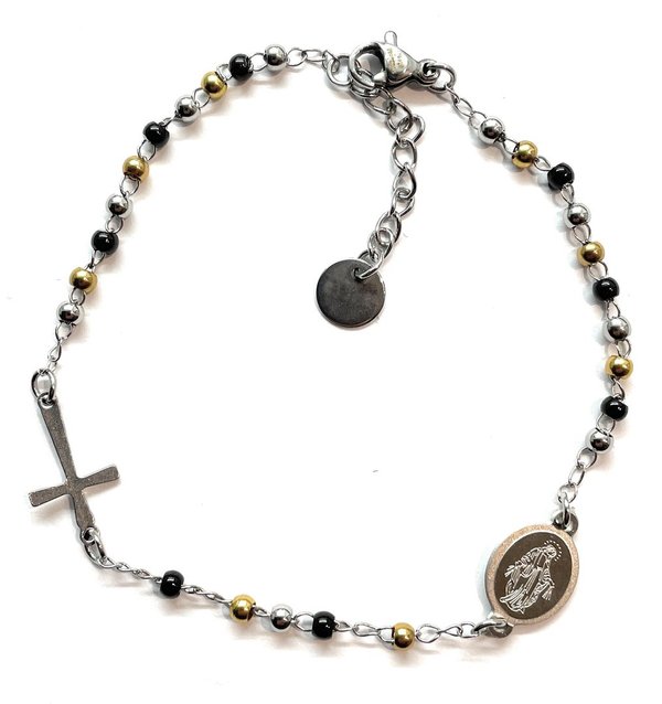 Bracciale rosario acciaio perline l.reg. 17,5 - 20,5 cm argento oro nero