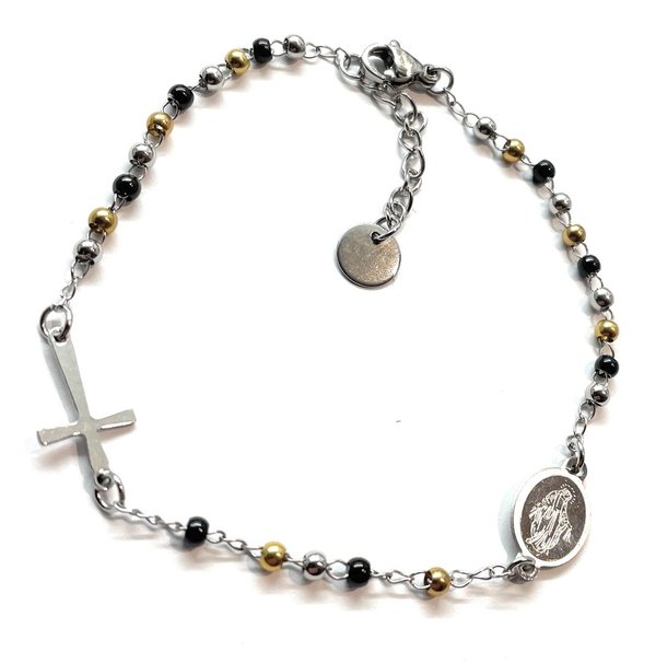 Bracciale rosario acciaio perline l.reg. 17,5 - 20,5 cm argento oro nero