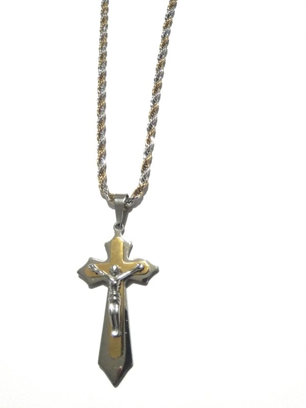Collana uomo in acciaio con croce gesù oro e argento