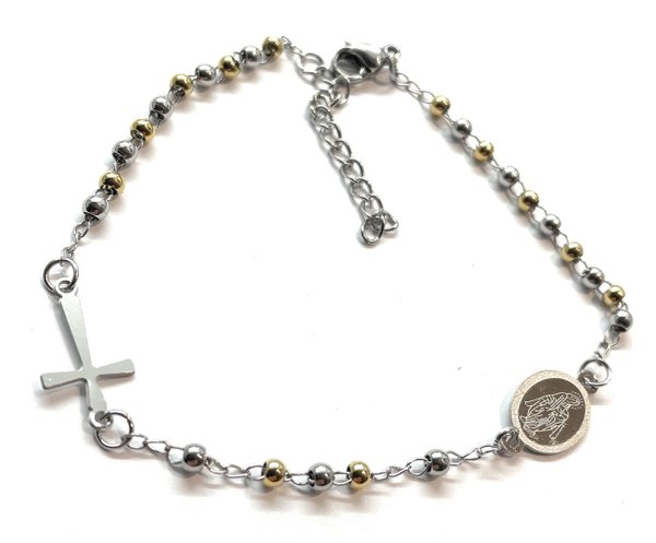 Bracciale rosario acciaio perline l.reg. 17,5 - 20,5 cm oro e argento