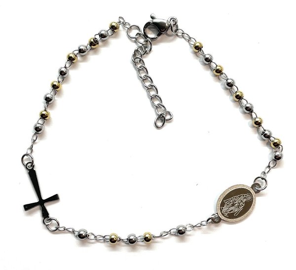 Bracciale rosario acciaio perline l.reg. 17,5 - 20,5 cm oro e argento