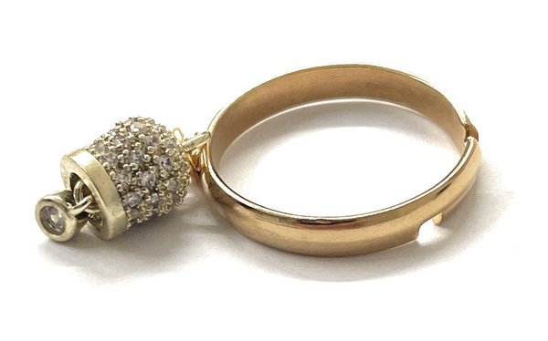 Anello acciaio dorato campanella pendente zirconi misura regolabile